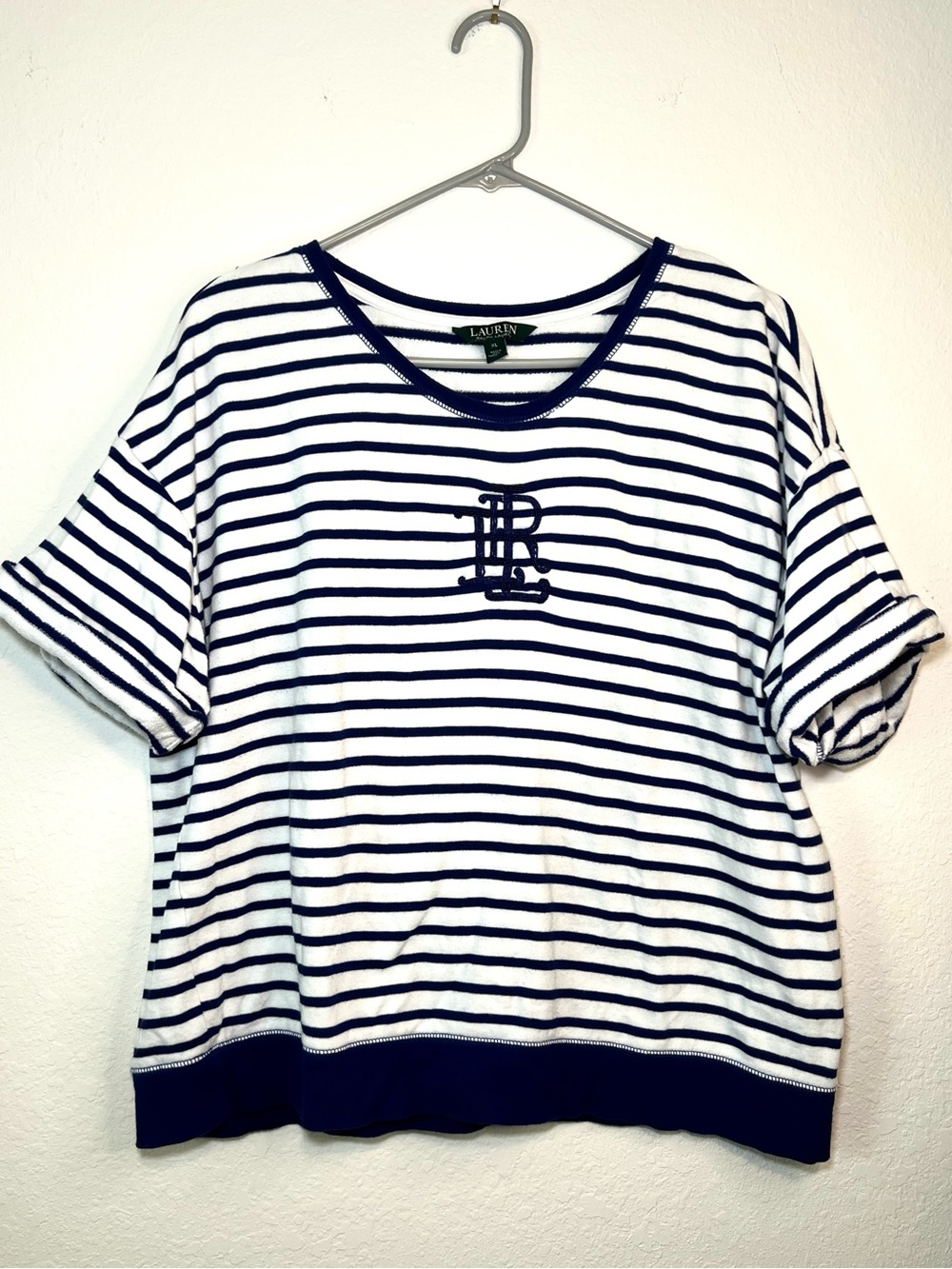 Lauren Ralph Lauren Striped Boat Neck Nautical Coastal 3/5 Sleeves Women Top. XL